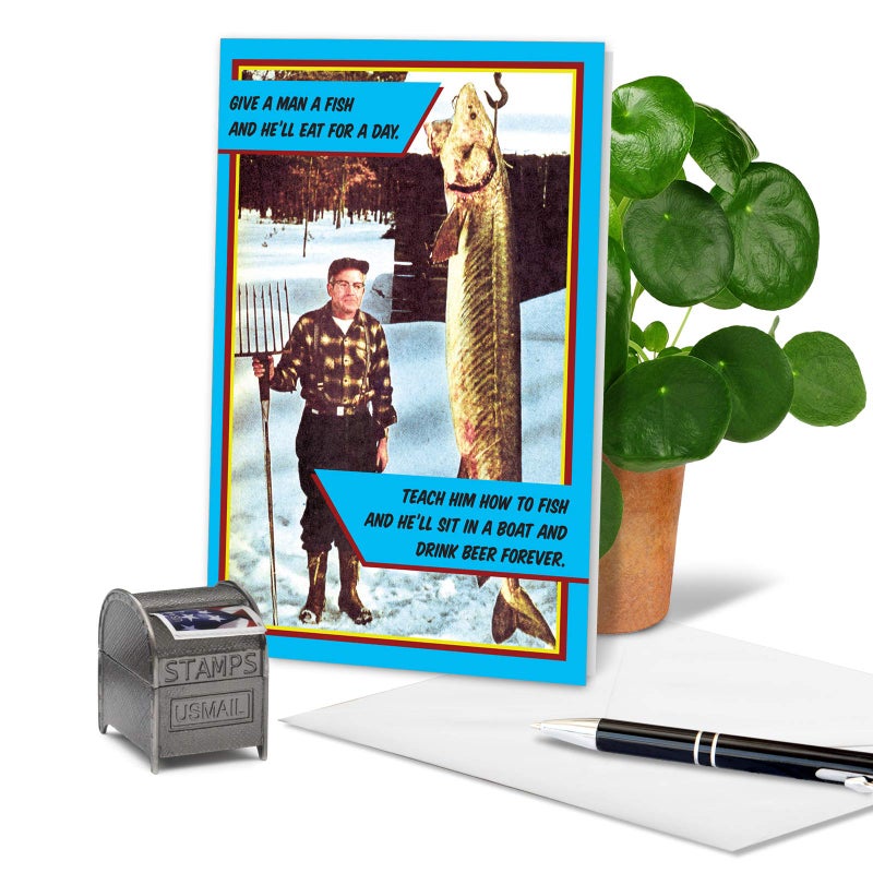 NobleWorks - 1 Funny Card for Father's Day - Dad Humor Card from Son or Daughter, Notecard with Envelope - Give a Man a Fish 0116 - Image 3